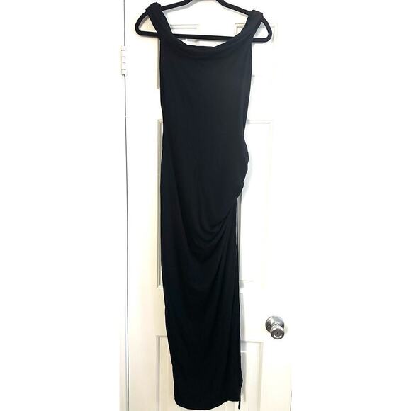 OH POLLY Solange Off The Shoulder High-Slit Maxi Dress Black Side Ruching Sz 10 - Picture 3 of 5